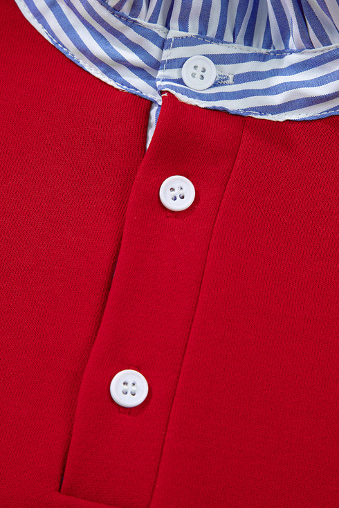 Striped Collar Patchwork Satin Bow Sweatshirt Short Set